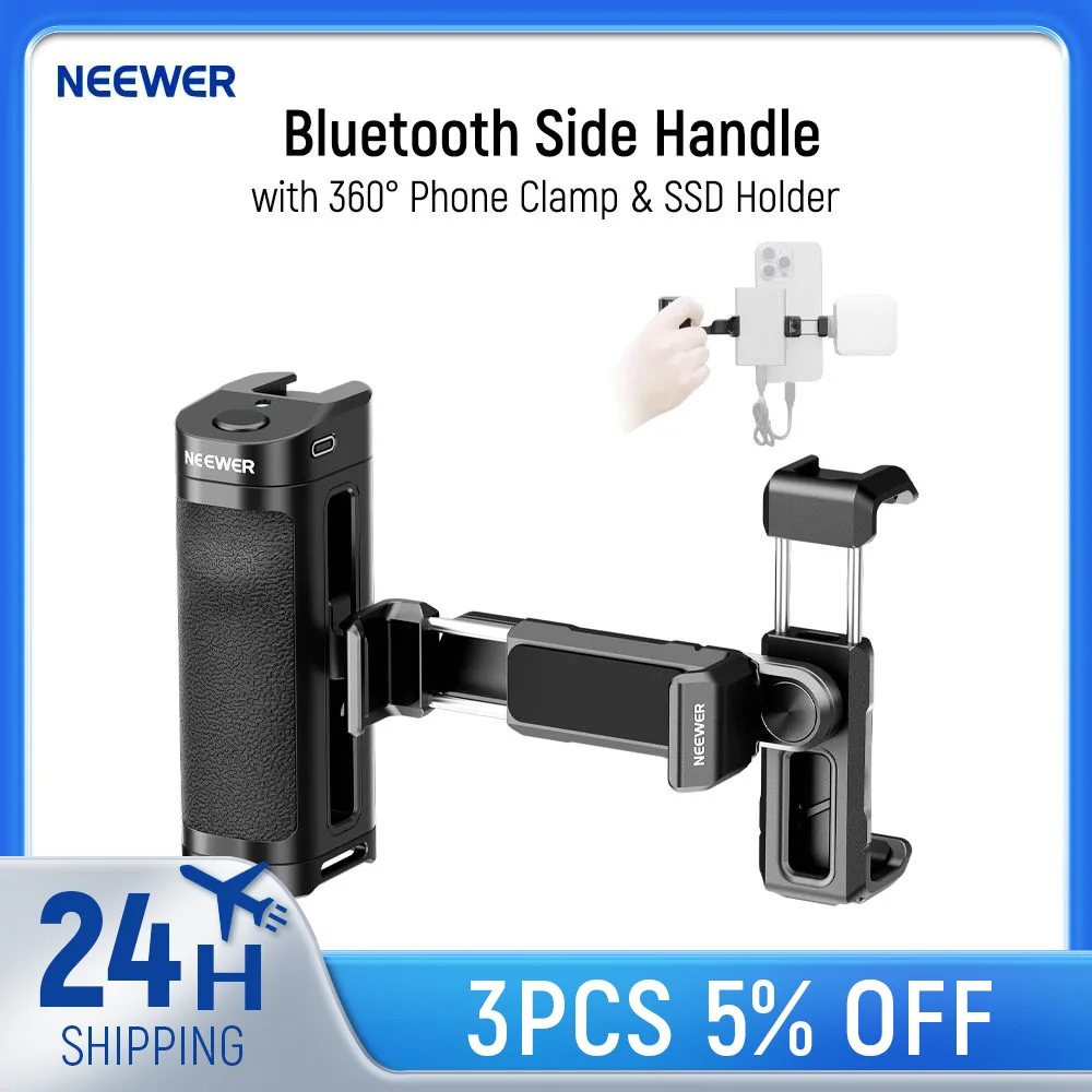 

NEEWER Bluetooth Side Handle Shutter Release with 2.2"-3.2" 360° Rotatable Phone Clamp & SSD Holder for iPhone Samsung