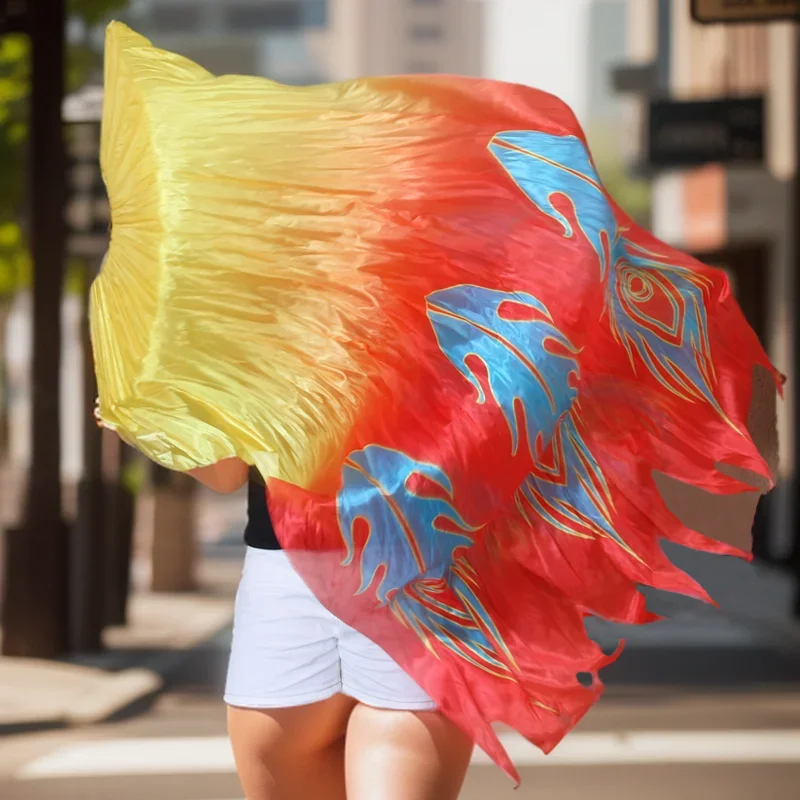 Voile d'Éventail de enquêter Droit pour Femme, Accessoire de brevdu Ventre, Long Voile avec Coupe, Bambou Côtelé, Imprimé Phoenix, Spectacle sur Scène, 1 Pièce