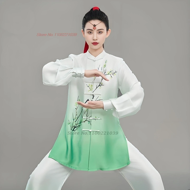 

2025 chinese tai chi uniform gradient color flower print martial arts training exercise kungfu stage performance outdoor sport