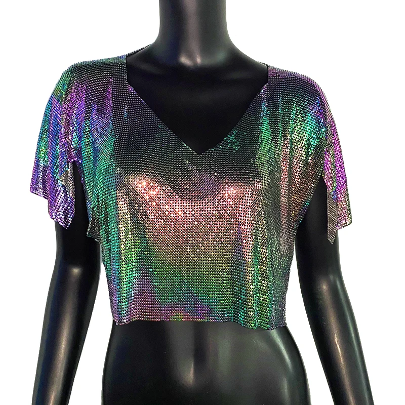 

2023 Sparkly Metal Sequined Women Tank Tops V Neck T Shirt Ruffle Sleeve Hollow Out Sexy Cropped Nightclub Party Luxury Top