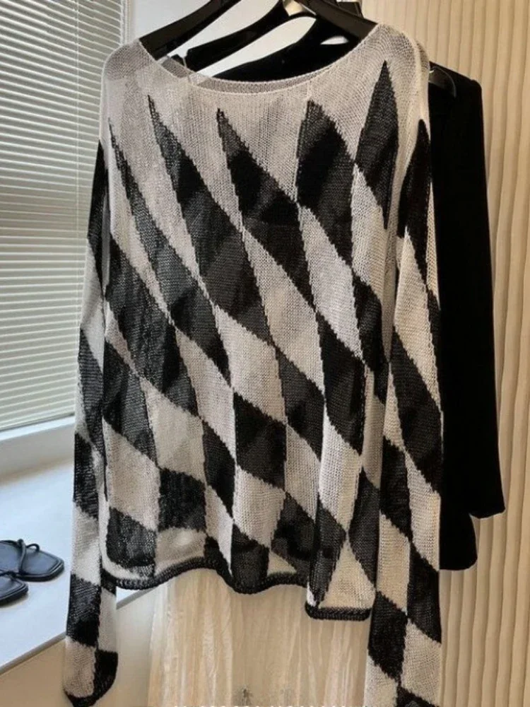 

Women Clothing See Through Pullovers Slash Neck Long Sleeve Plaid Jupmer Sueter Mujer Casual Fashion Knitted Thin Sweater Tops