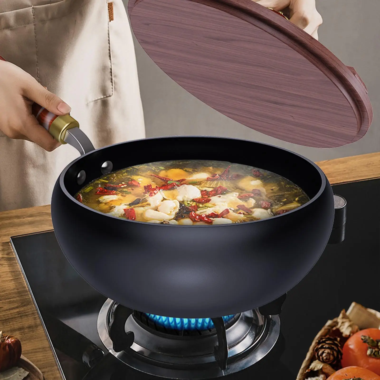 

Iron Wok Pan Small Cooking Pan Non Coated Easy to Clean Traditional Flat Bottom for Personal Use Nonstick with Lid Chinese Wok