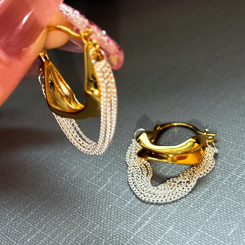 

Light Luxury Tassel Chain Vintage Earrings for Women , Gold and Silver Color Contrast Temperament Retro Daily Wear Accessories