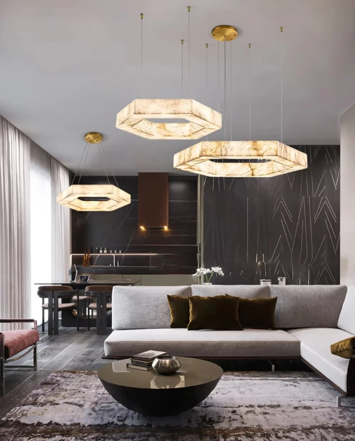 Marble Ceiling Pendant Light for Dining Room Kitchen Study Bedroom Chandelier Modern Polygon Lampshade Marble Decor Hanging Lamp