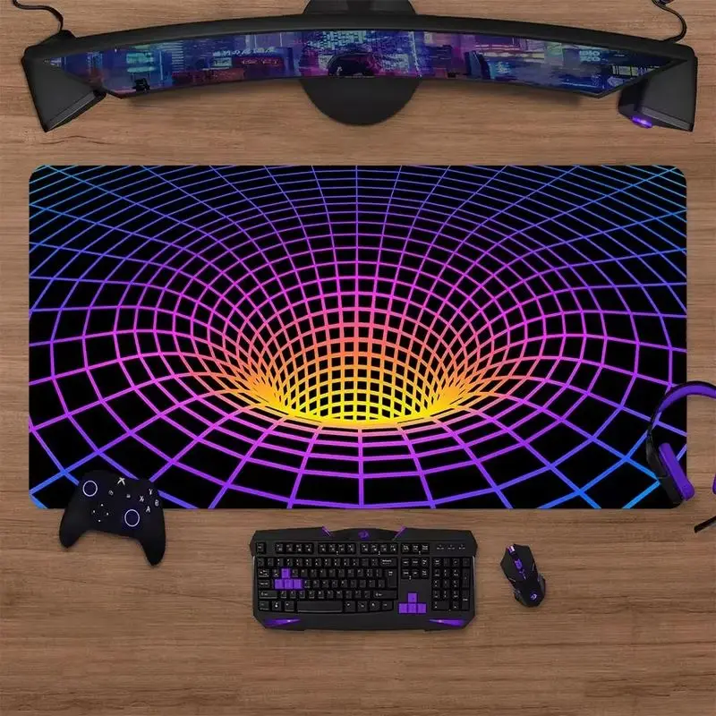 VIKAMA Synthwave 3D Tunnel Rainbow Grid Extended Mouse Pad XXXL Non Slip Stitched Edge Gaming Desk Mat Desktop Gamer Gift Decor