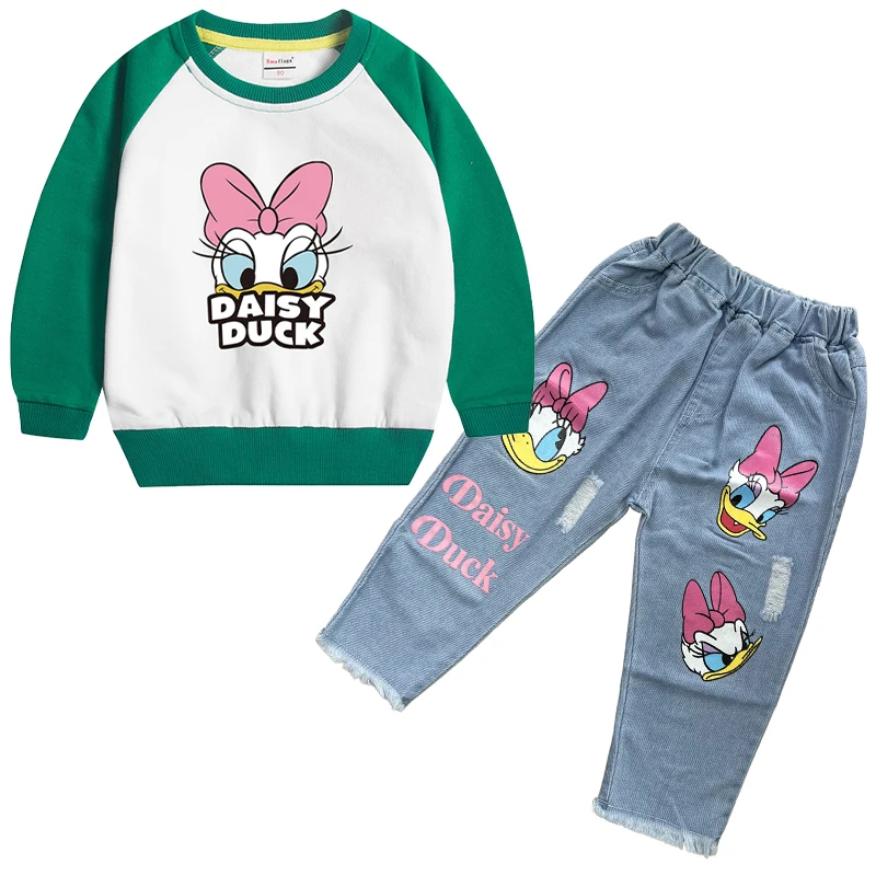 Fashion Cartoon Daisy Baby Girls Clothing Set Kids Long Sleeve Pullover Top  Jeans Pants 2Pc for 2-6 Years Children Tracksuits