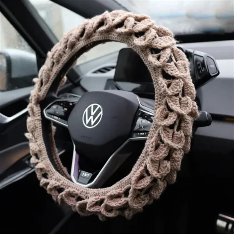 

Cross-border sales Crocheted Car solid colour leafage interior decoration steering wheel cover styling interior accessories