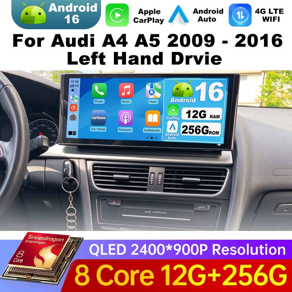 Android 16 for Audi A4 A5 2009-2016 GPS Navigation WiFi BT Car Radio Multimedia Video Player QLED Touch Screen Wireless Carplay