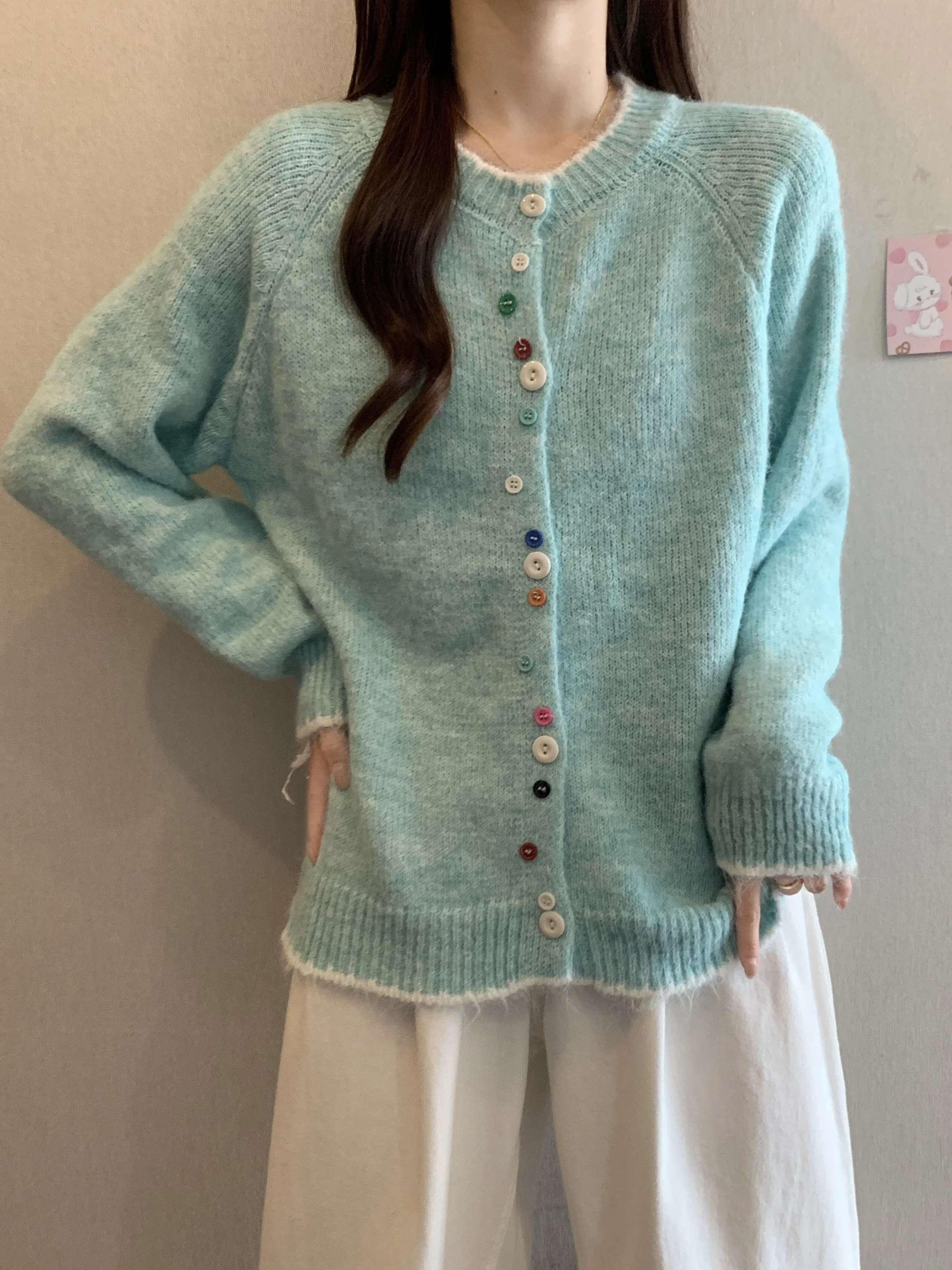 Soft Cozy Color Blo Korean Sle Women's Sweater Cardigan Faionable Winter Apparel Versatile Long Sve round Ne Top