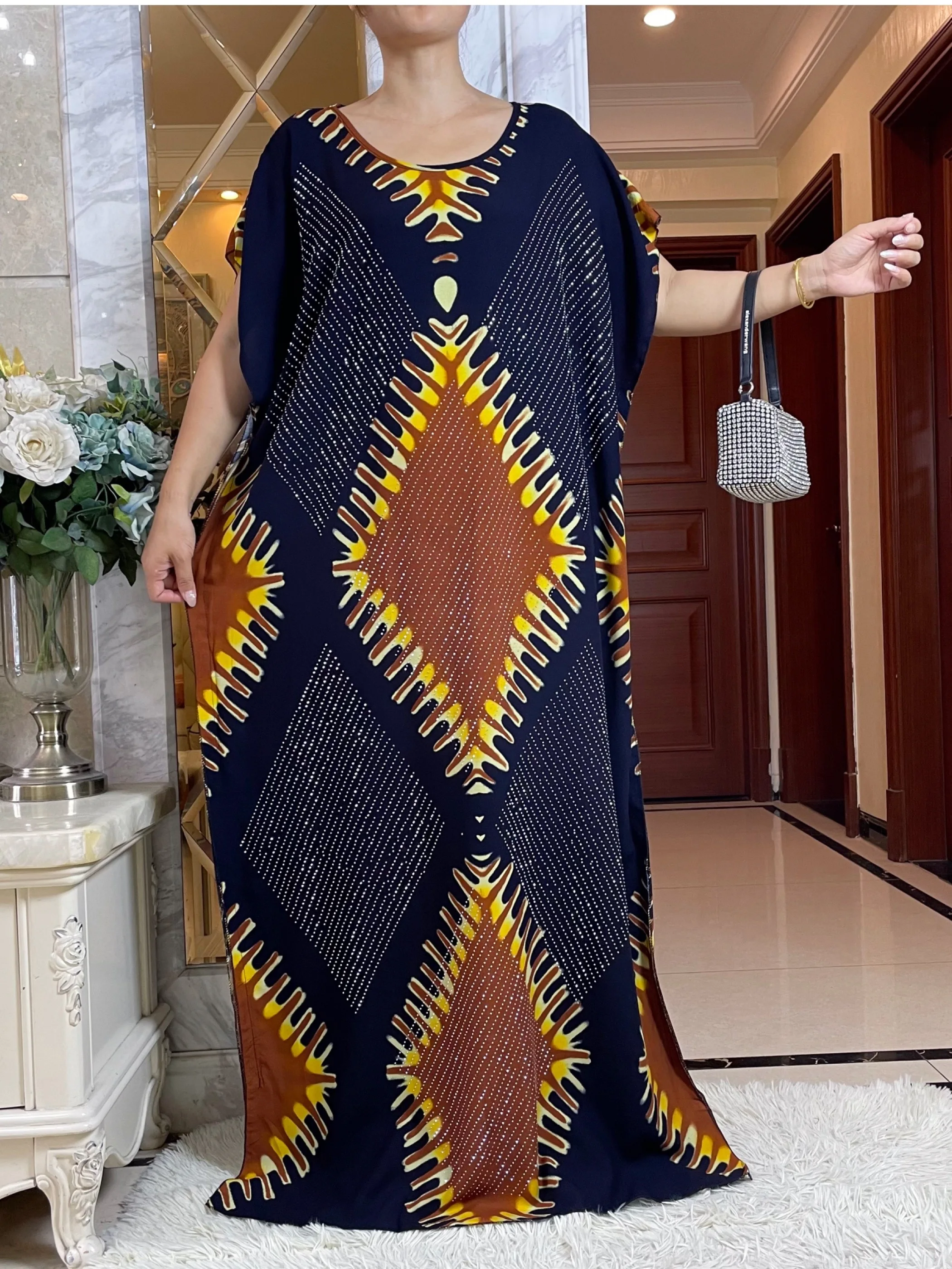 2024 African Summer Short Sleeve Dashiki Dress with Big Scarf Loose Boubou Maxi Islam Women Casual Dress Diamonds Abaya Clothes