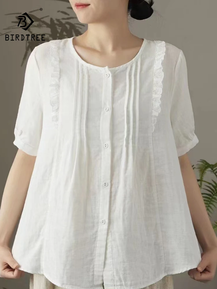 

New Summer Cotton Casual Short Sleeve Shirt Women O Neck Hollow Out Tops Girl Loose OL Literature Blouses 2024 Autumn T46184QC