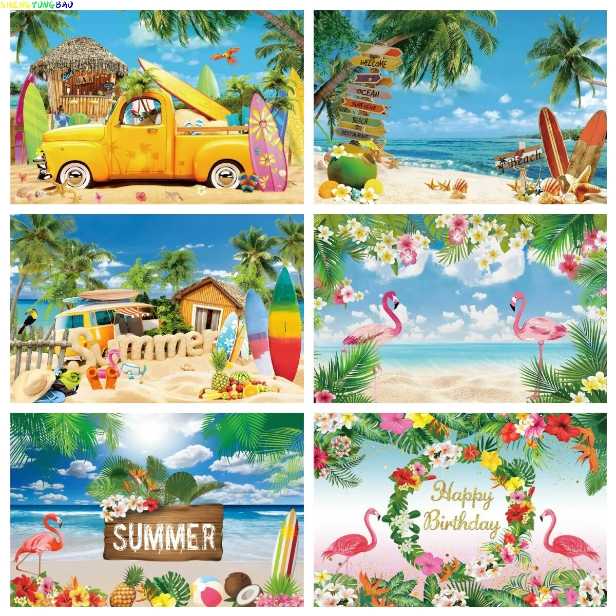 

Summer Tropical Beach Photography Backdrop Aloha Seaside Flamingo Ocean Surfboard Holiday Birthday Photo Studio Background HL-01