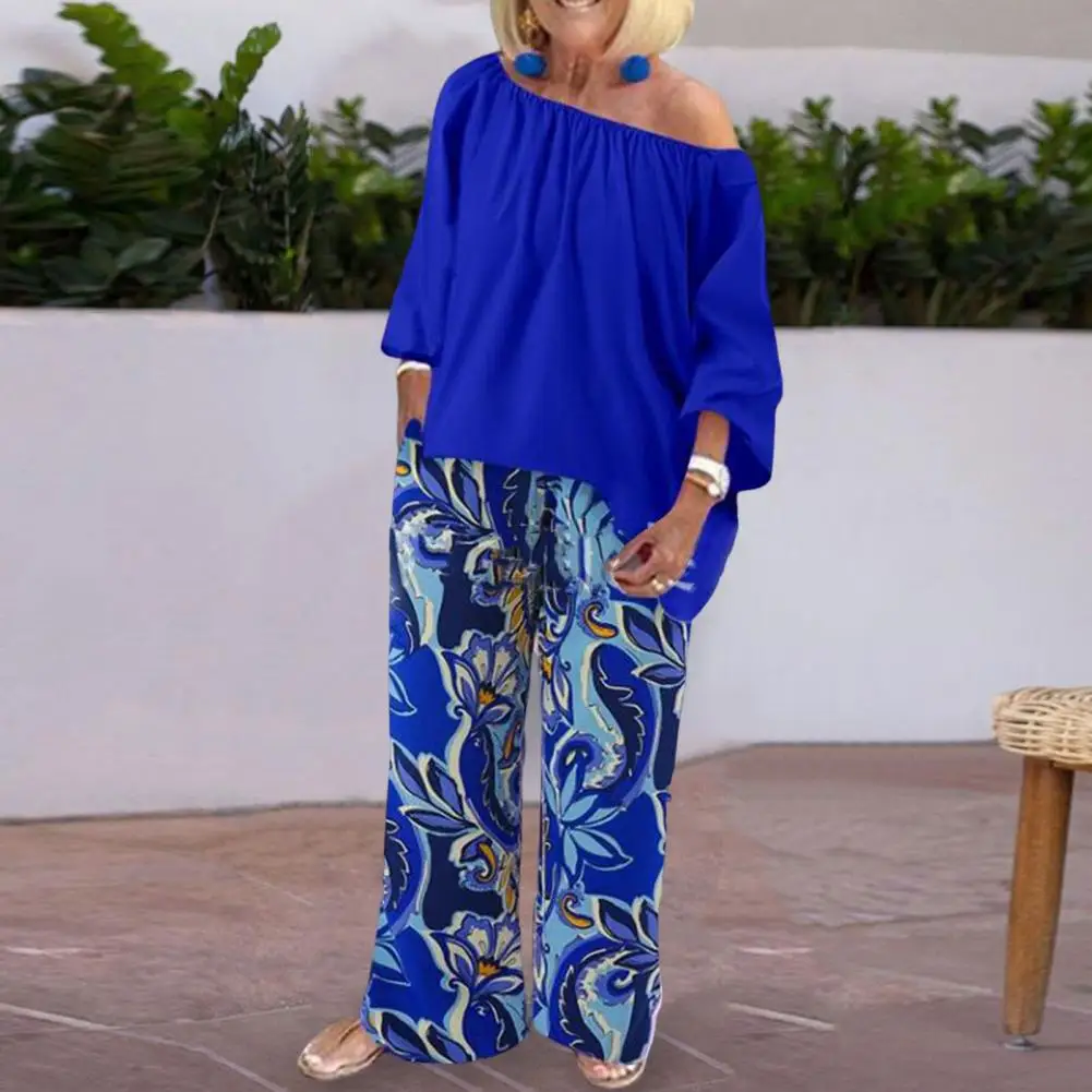 

2 Pcs/Set Women Tops Pants Set Chic Elastic Women Blouse Trousers Suit Print Autumn Blouse Suit