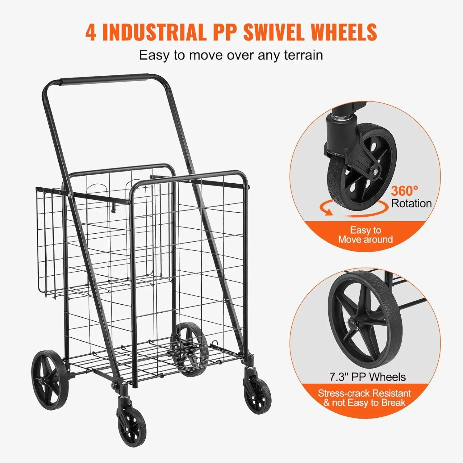 Folding Shopping Cart, Jumbo Grocery Cart with Double Baskets, 360° Swivel Wheels, Heavy Duty Utility Cart