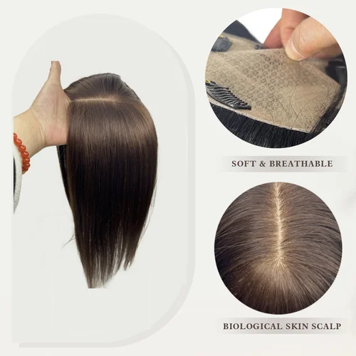 Imagen 2 del producto Adorno de cabello humano con Base de seda de 12x13cm para mujer, parte superior del cuero cabelludo Natural, Clip de pelo europeo liso en peluca, parte libre Remy