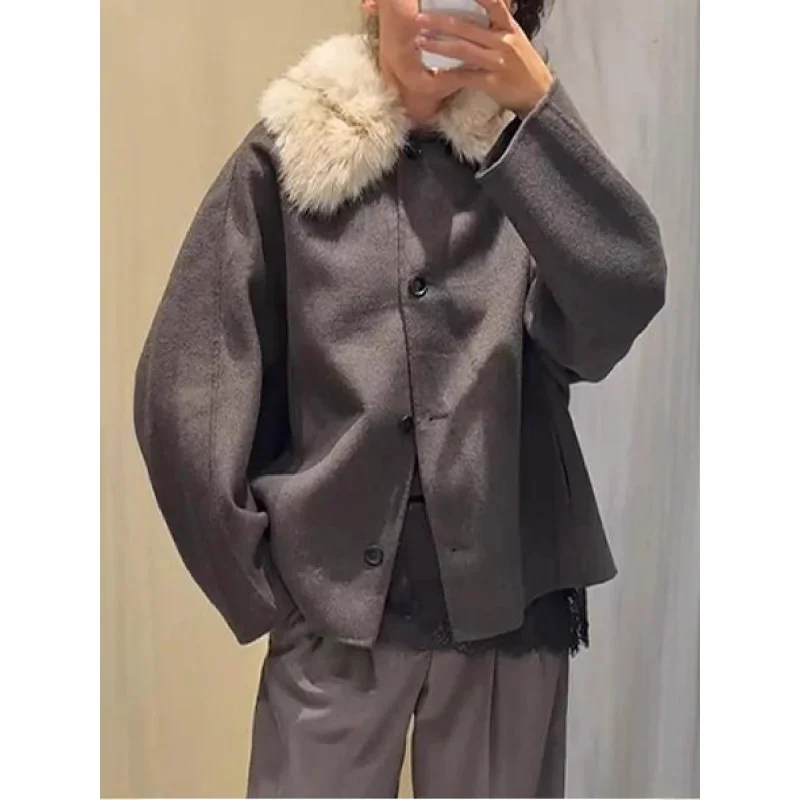 

Korean Style Versatile Turn-Down Collar Short Woolen Coat 2025New Autumn Winter Women's Fashion Summer Solid Color