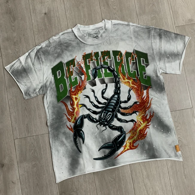 Men Women Tie Dye Wash Rhinestone First Row T-shirt Short Sleeve Scorpion Flame Graphic Print T Shirt Loose Casual Streetwear
