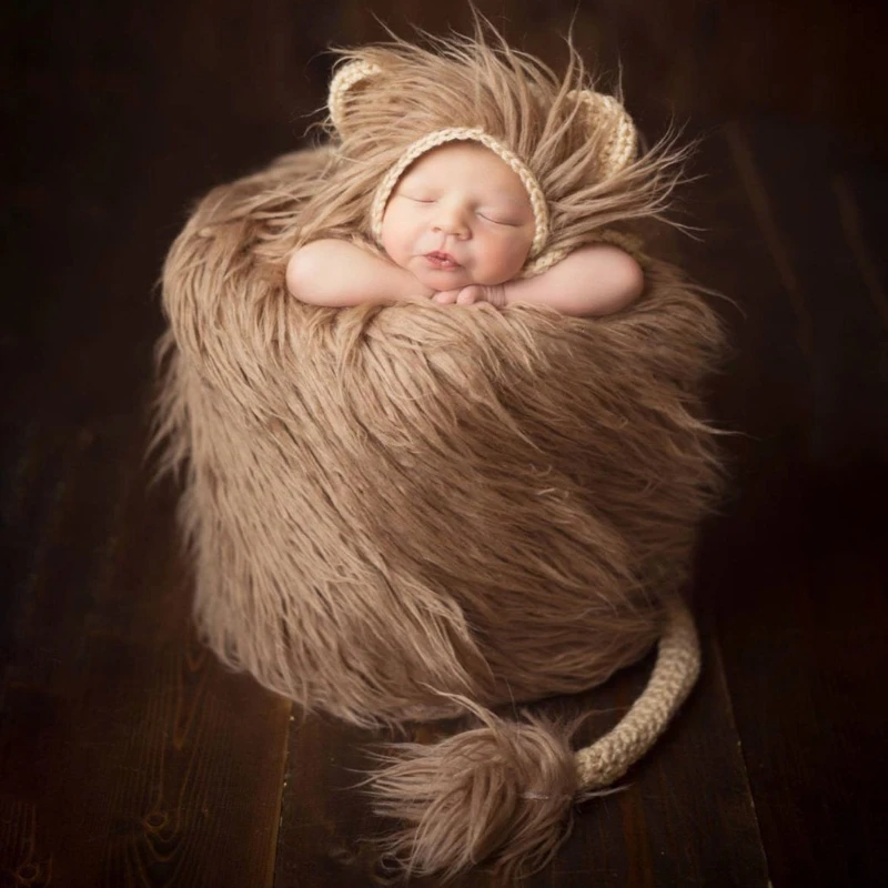 2 Pcs Baby Props Lion Hat Tail Set Newborn Photography Costumes Boys Girls Photo Handmade Knitted Clothes