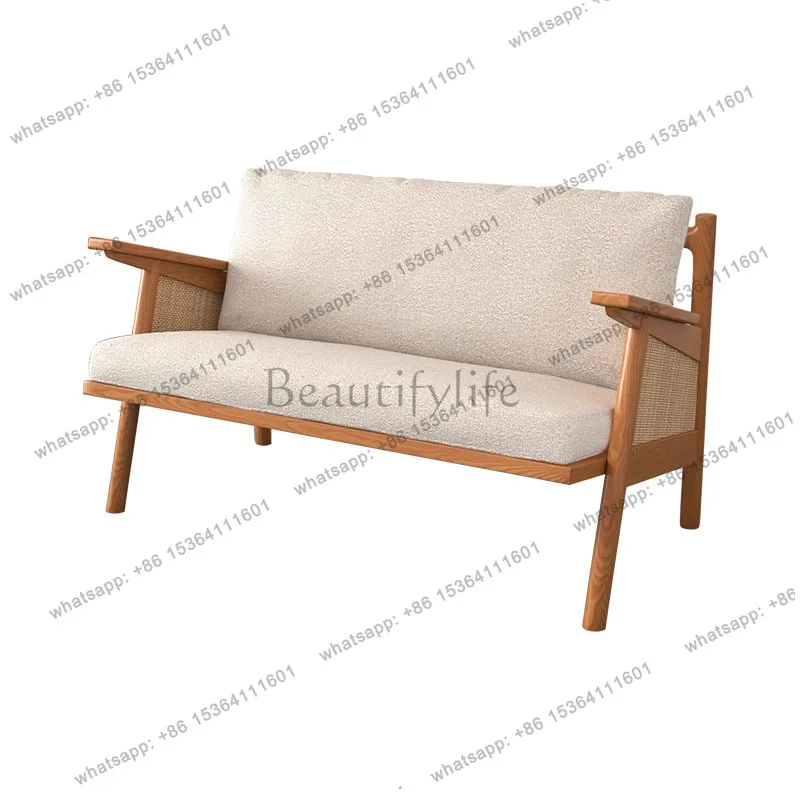 Wabi-sabi style solid wood rattan sofa three-seater rattan chair balcony lounge sofa combination