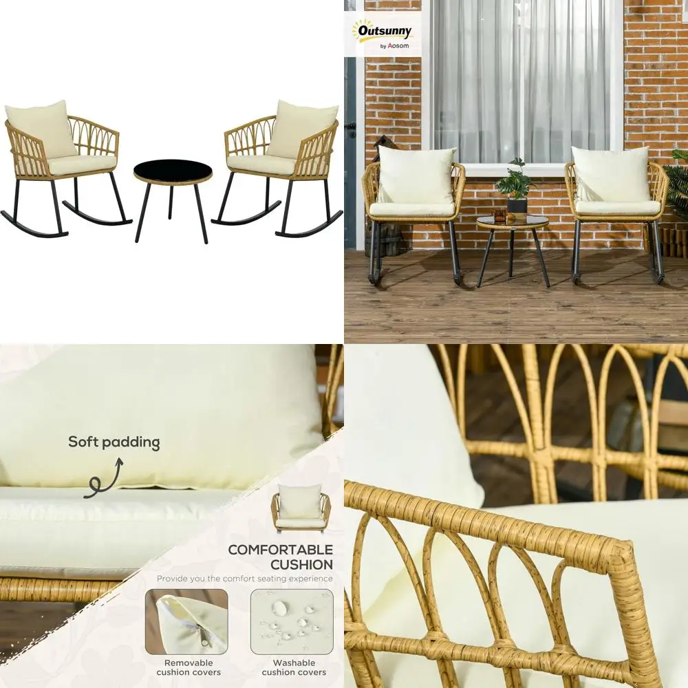 

Wicker Outdoor Rocking Chair Set, 3 Piece Patio Bistro Set with 2 Porch Rocker Chairs, Glass Top Coee Table and Cushions, Patio