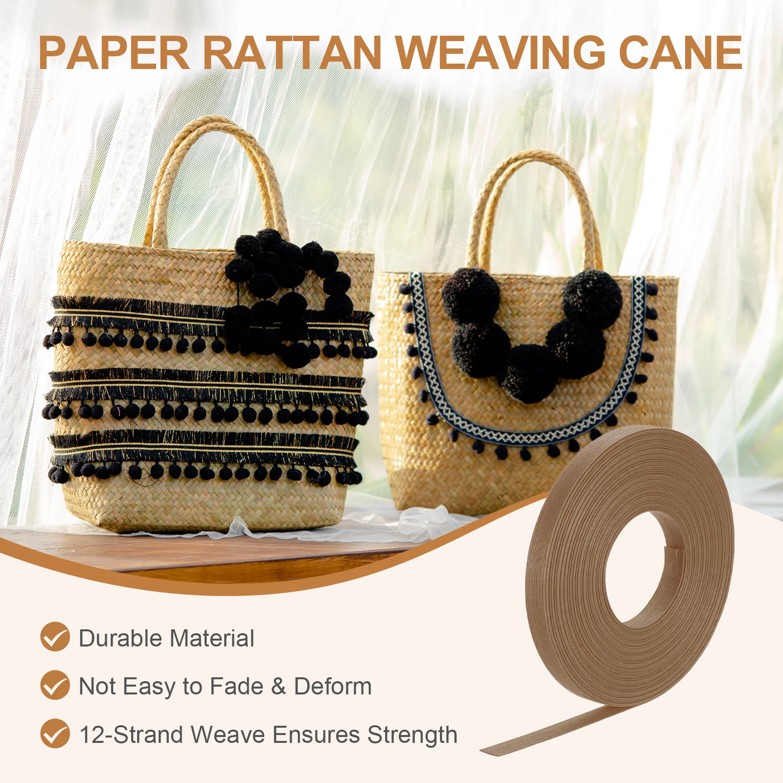 Papierowy Rattan do Plecionia, 12-warstwowy Papierowy Rattan do Koszy, Materiały do Plecionia Koszy DIY do Domu, Kuchni, Rękodzieła, 15 metrów x 1,5 cm