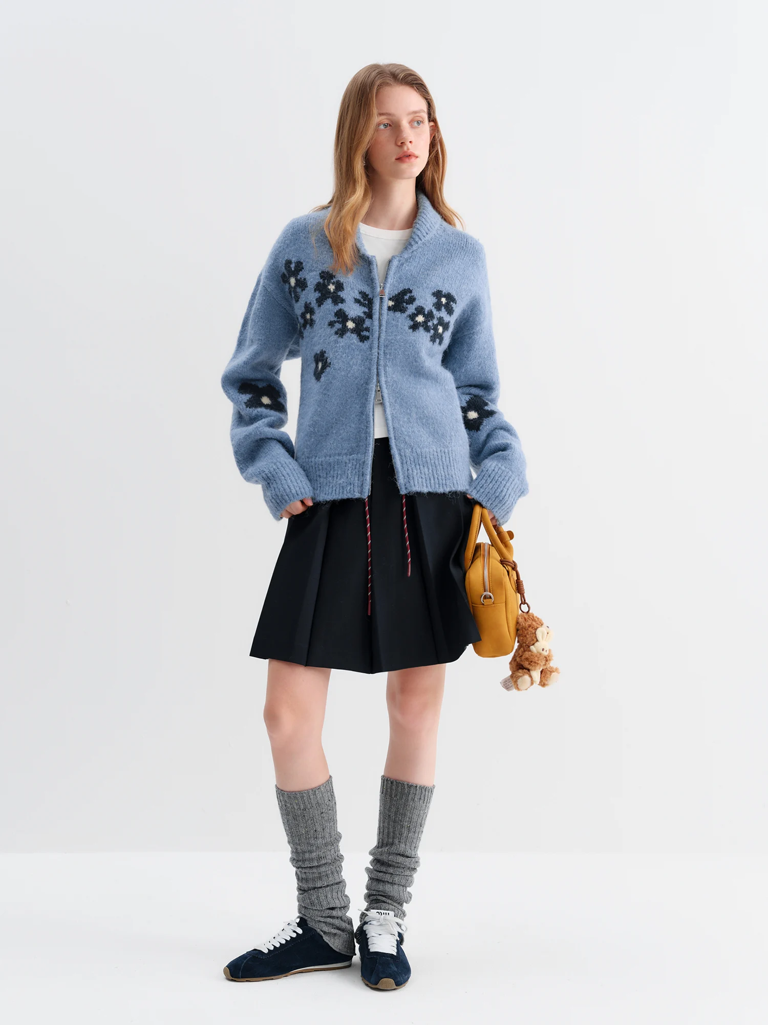 ​FSLE 2025 Winter Women's Retro Lazy Style Color Block Crochet Knit Sweater - Blue Open Front Cardigan for Casual Comfort​