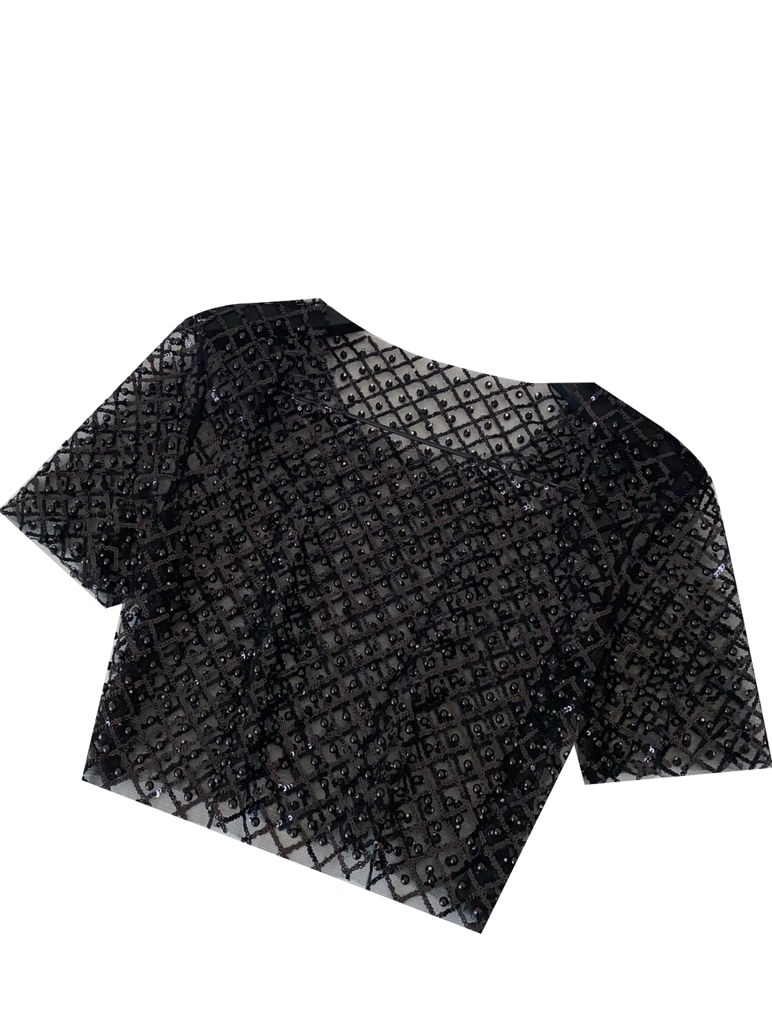 Faionable Heavy Embellied Sequin Me ort Sve Damen-T-Shirt, dünnes, durchsichtiges Sommer-Top, koreanische Passform, lockere Passform
