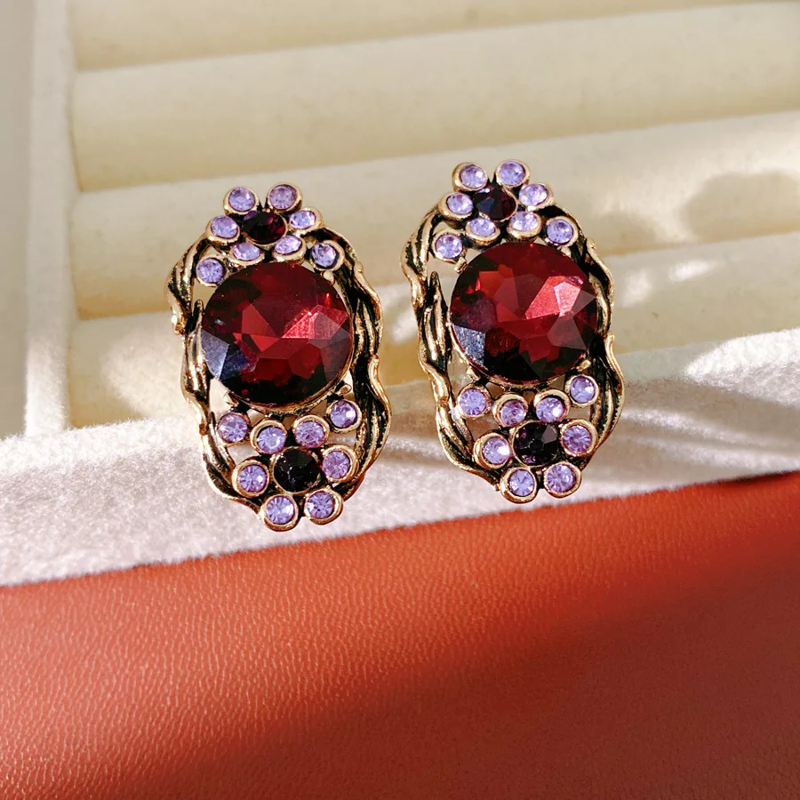 Mediaeval Vintage Rhihnestones Chokers Necklace for Women Oval Purple Flower Stud Earrings Bracelets Dedicate Banquet Jewelry M1 - view 3