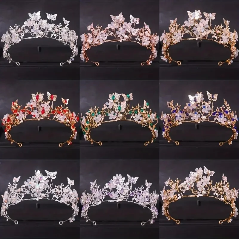 Handmade Bridal Pearl Rhinestone Crown Tiara Butterfly Floral Crown Wedding Gift Floral Design Crown Hair Accessories