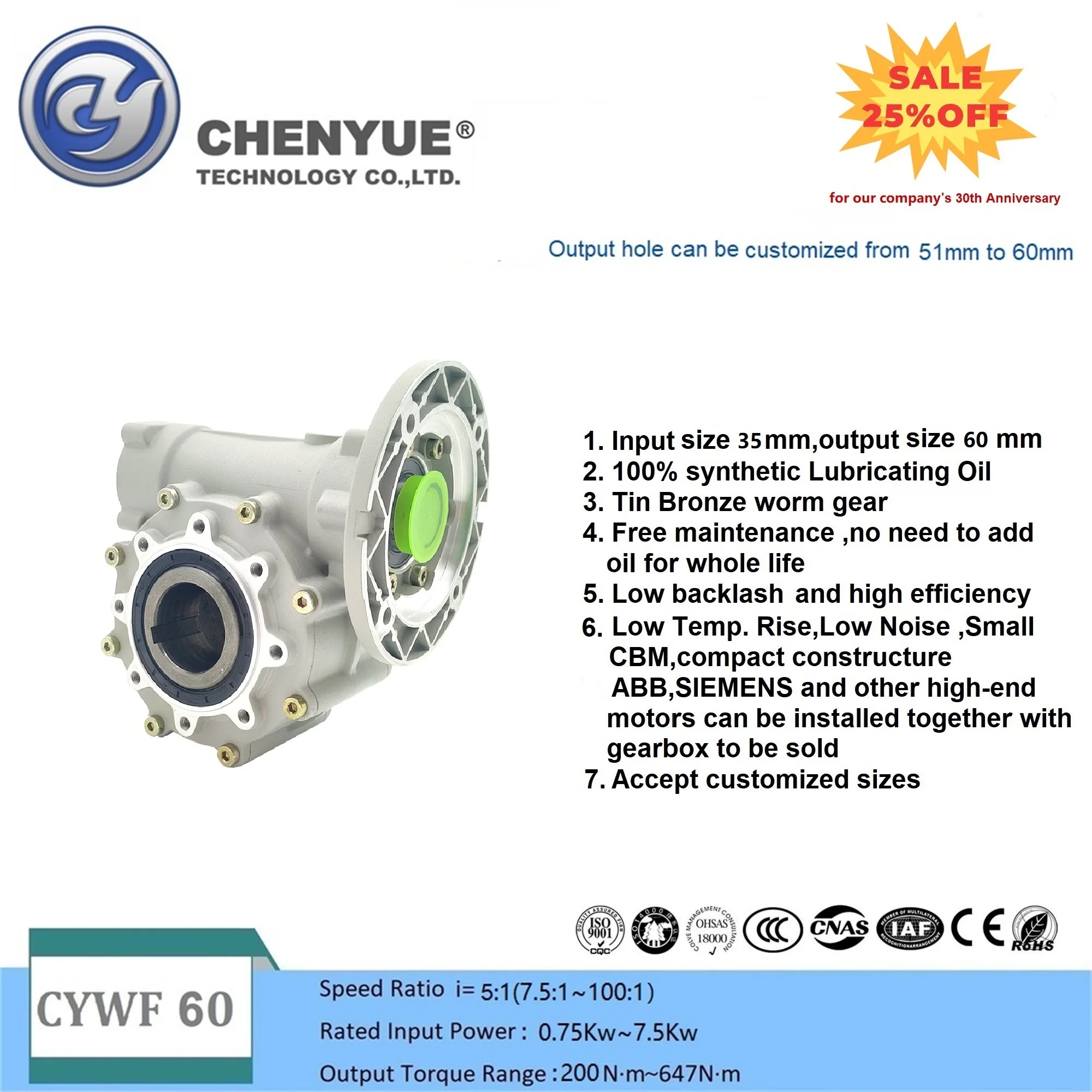 

CYAutoman Big output Bore Worm Gearbox CYWF60 Input 35 Output 60 Ratio 5:1/100:1 Torque 200-647N.m Motor 7.5Kw Free Maintenance