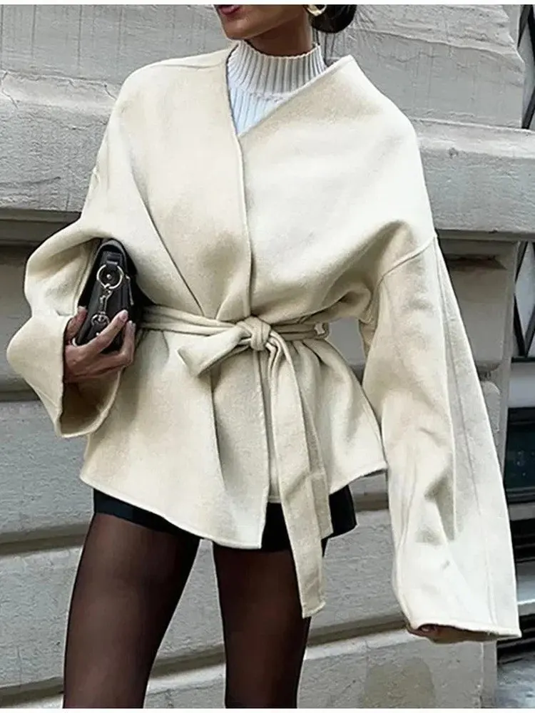 

Street Sle Loose Fit Long Sve V-Ne Coat Pure Color Woolen Coat for Women Cross-Border Faion Trendy Outerwear