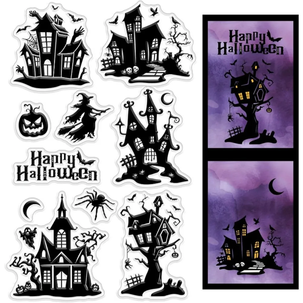 1 Stück transparente Silikonstempel mit Halloween-Motiv, Spukhaus, Kürbis, Spinne, Zauberin, wiederverwendbare transparente Gummi-Dichtung
