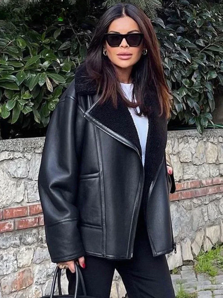 

Autumn Winter Women Warm Black Zipper Faux Leather Jacket Coat Loose Turn Down Collar Thickness Overcoat Female Outwear