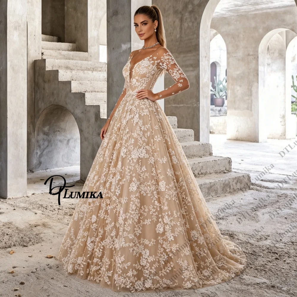Champagne Floral Lace Wedding Dress for Bride Long Sleeves A Line Long Bride Dresses Customized V Neck Sweep Train Bridal Gown