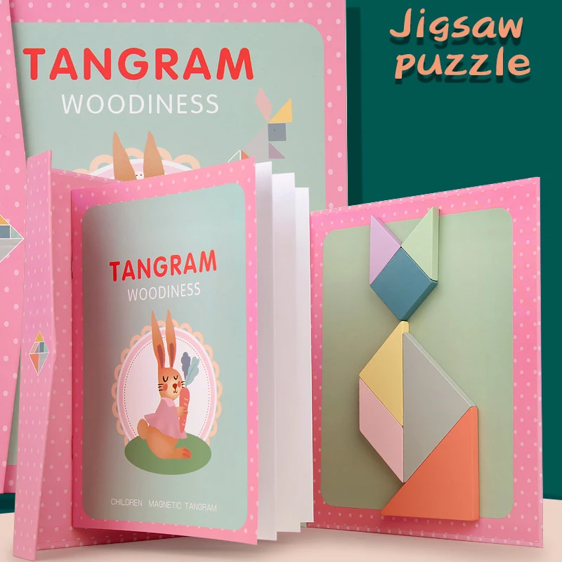 Livro de quebra-cabeça portátil Tangram magnético para crianças, brinquedos de madeira, brinquedos educativos, aprender e brincar, educação