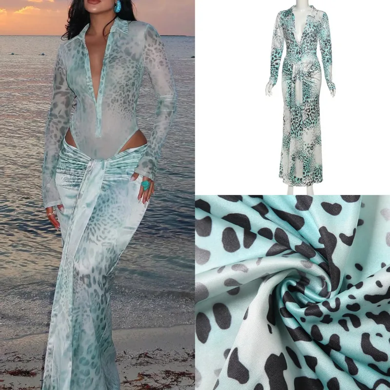 

Women's Leopard Mesh 2 Piece Set See Through Bodysuit And Ruched Tie Maxi Skirt Y2K Sexy Vacation Beachwear Club Party Outfits