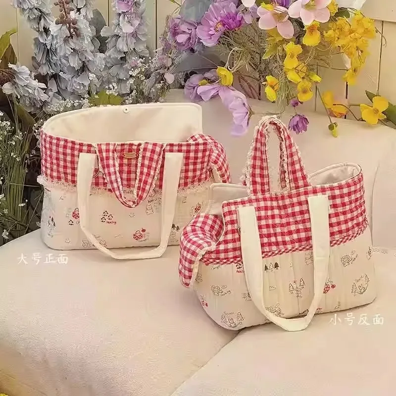 FurStarKorean Spring Pet Carrier Washable Cotton Cute Outing Bag For Yorkie Maltese Shih Tzu Red Sweet Cat Bag With Mat Small Ba
