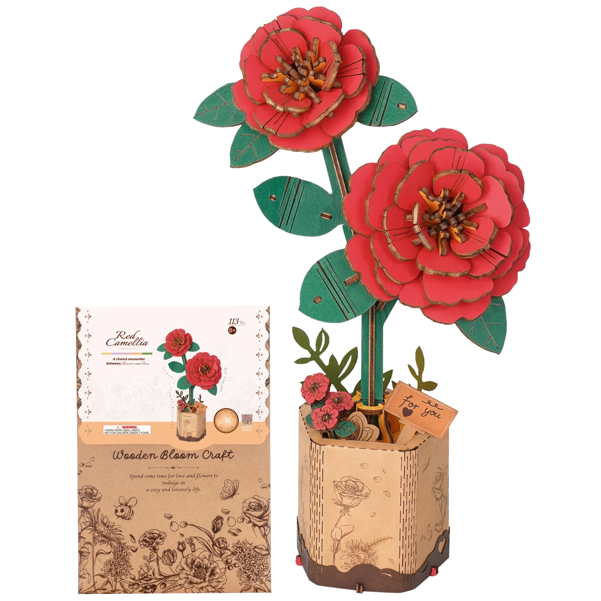 Rolife 3D Puzzle Red Camellia Wooden Artificial Flower DIY Flower Bouquet Model Building Kit for Home Decor Mother's Day Valentine's Day Gift for Mother Lover