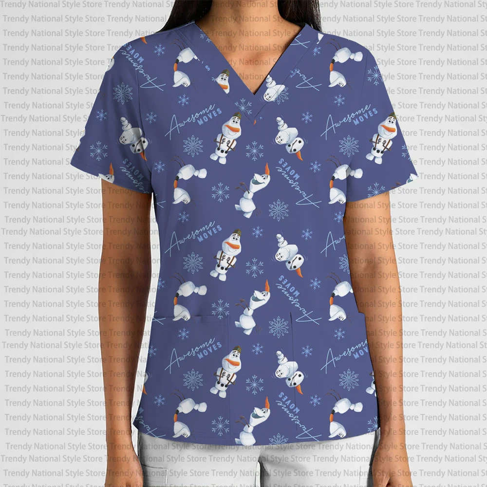New Fashionable Women's Work Uniform Wear-Resistant V-Neck Pocket Frosted Top Disney Princess Print Elegant Beauty Salon T-shirt