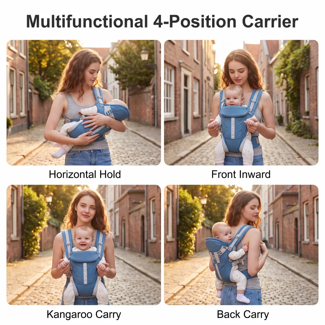The baby carrier and waist stool model is suitable for all seasons. It is portable and can be used both front and back, freeing