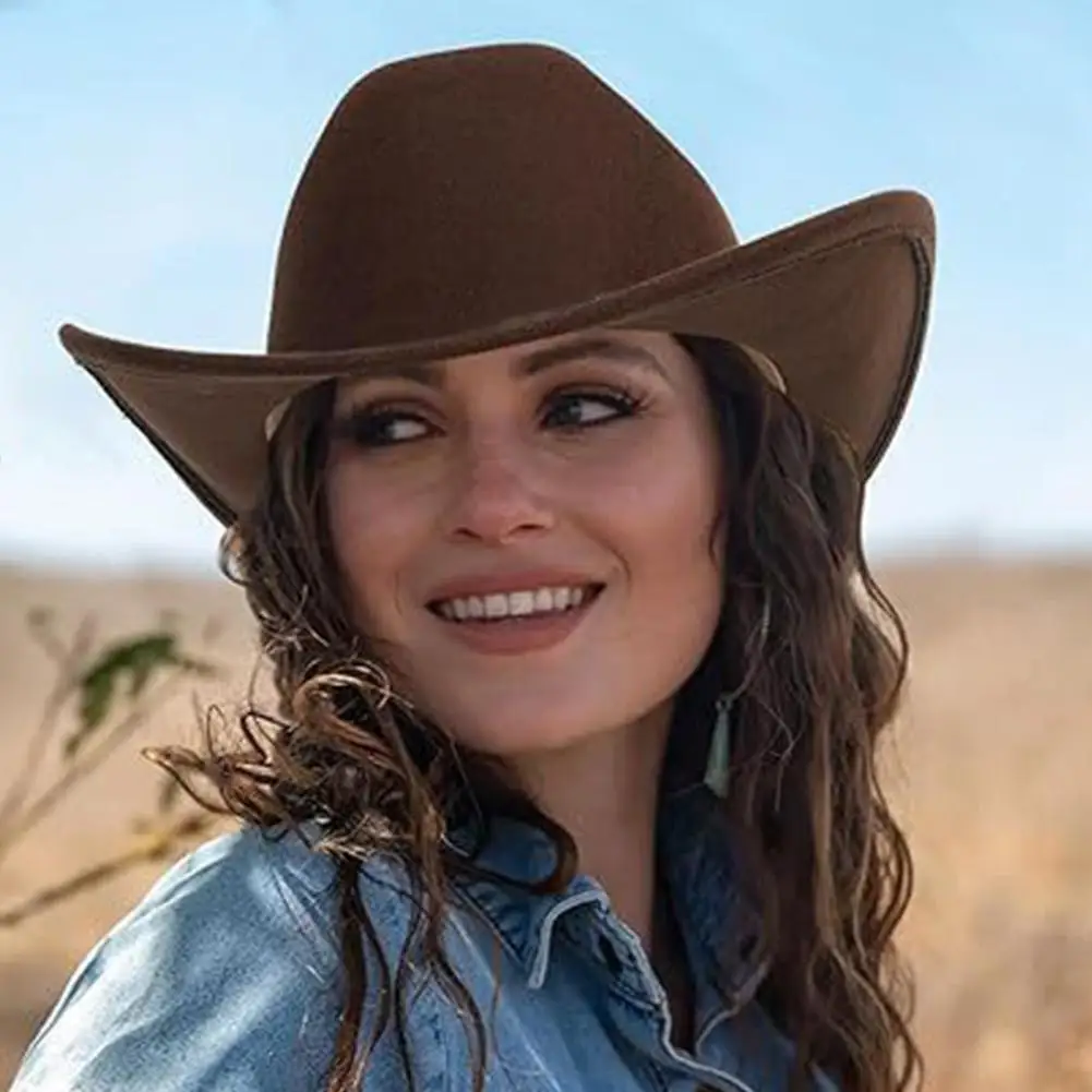 스트링이있는 서양 카우보이 모자 서양식 대형 브림 모자 빈티지 웨딩 카우보이 모자 절묘한 가장자리 장인 정신