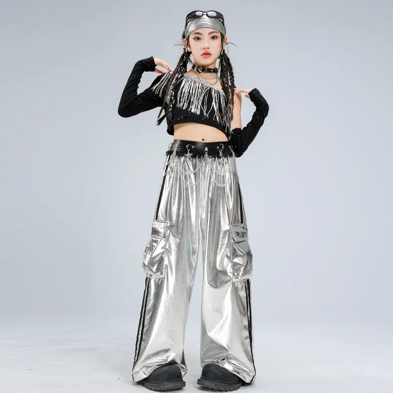 

Fashion Girls Kpop Clothes Jazz Dance Costume Black Crop Tops Hip Hop Silver Pants Group Performance Clothes Concert Stage Wear