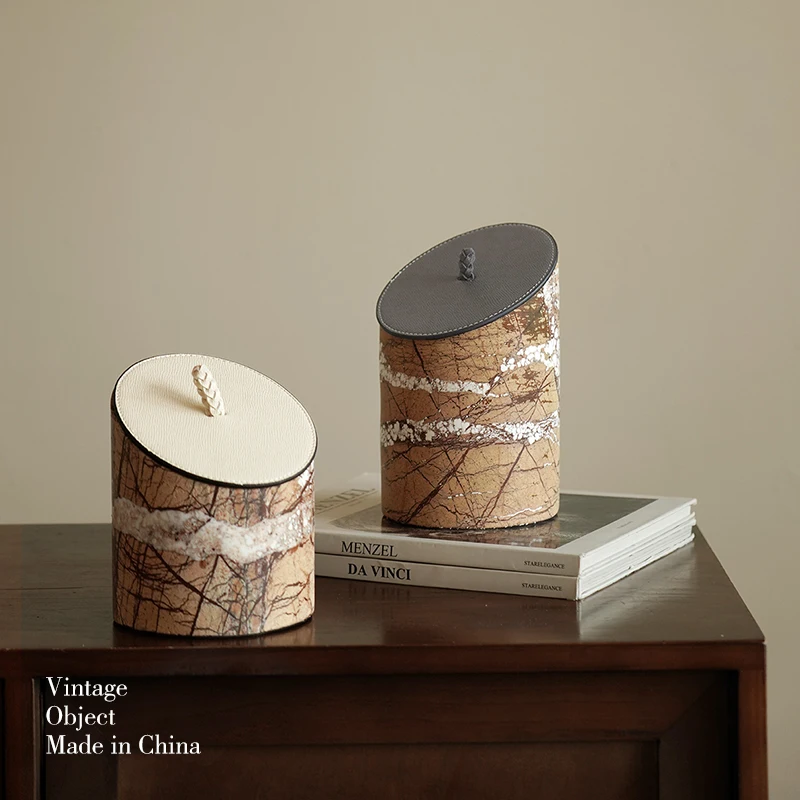Light Luxury Slanted Leather Lid Marble Storage Jar Desktop Miscellaneous Sorting Box Home Entrance Foyer Storage Decoration