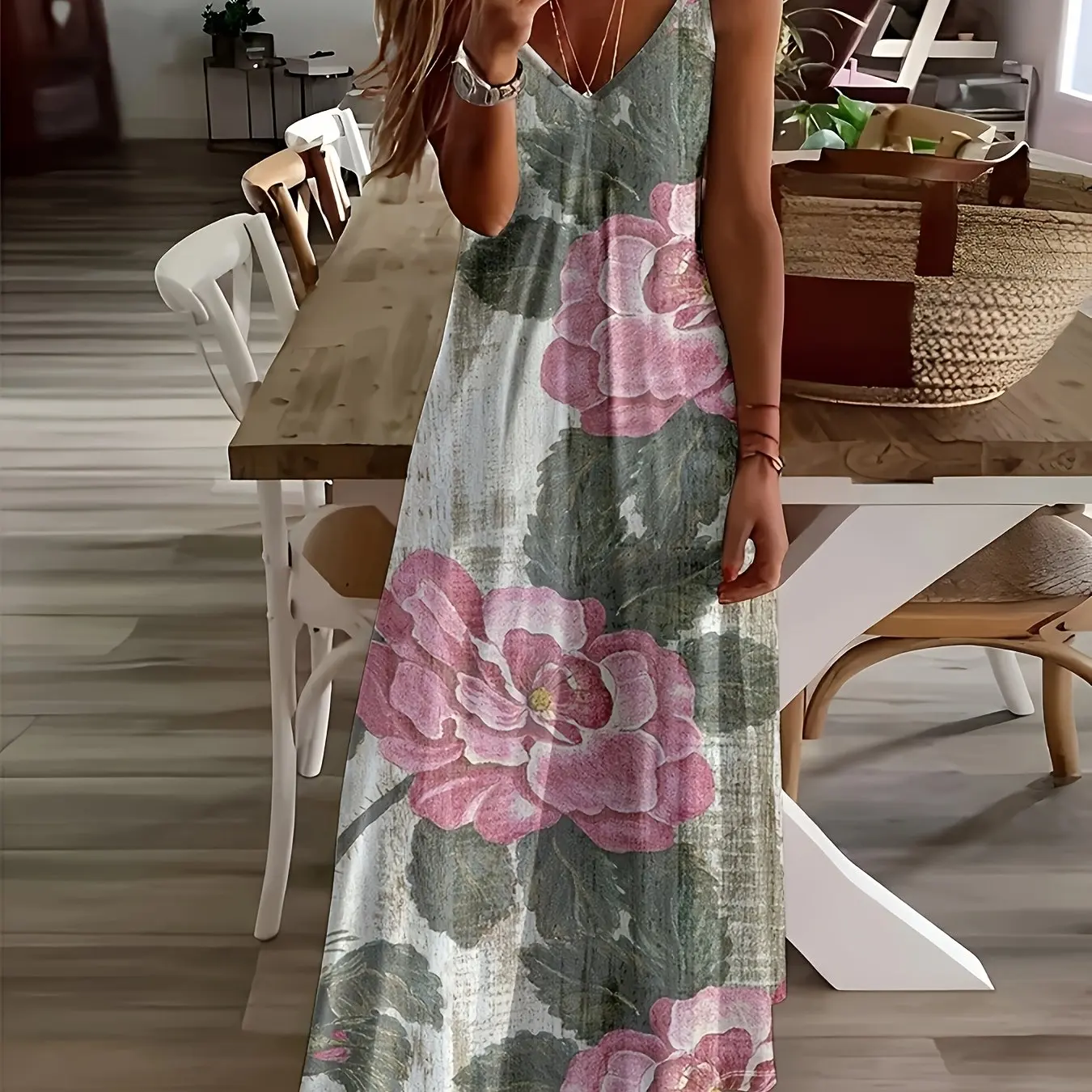 Women\'s Casual Fashion Loose V Neck Spaghetti Strap Dress Simple Flower Print Maxi Dress Summer Beach Vacation Maxi Dress