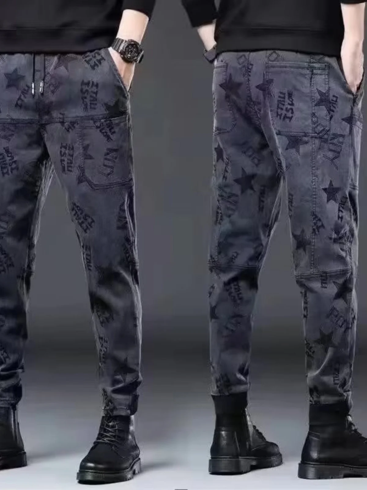 Casual Men's Denim Jeans Elastic Straight Leg Pants Multiple Pockets Wear Resistant Printed Long Trousers Autumn Fashion