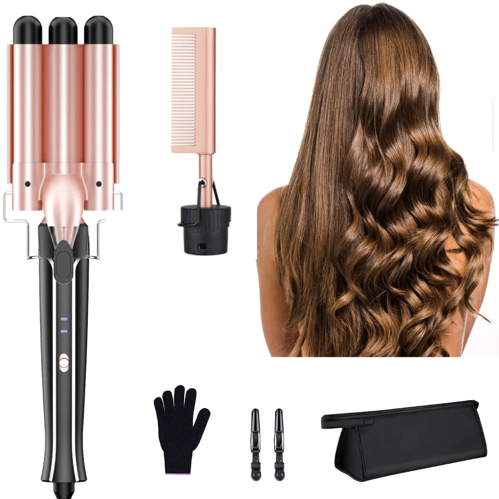 

2 in 1Curling Wand Set with Hair Straightener, 3 Barrels Hair Crimper Curling Iron , 2 Temps Fast Heat Hair Waver Curler