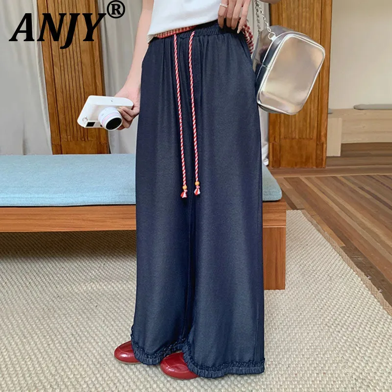 

ANJY, новые летние женские широкие джинсы с цветными блоками, повседневные джинсовые брюки с круглым вырезом, клетчатый лоскутный жилет, милый топ на бретелях A11292