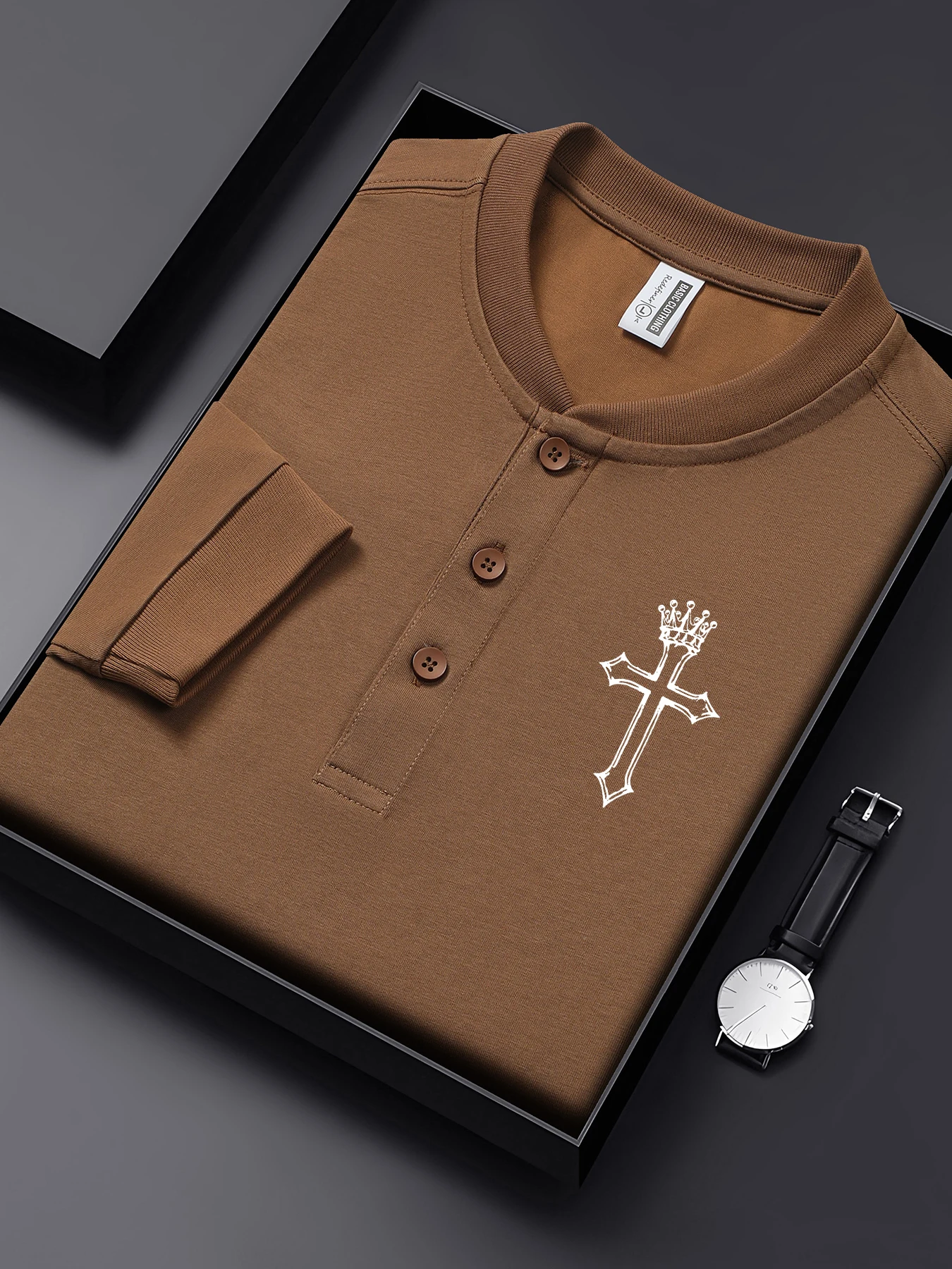 

Crown And Cross Simple Print Men Henley T Shirts Soft Long Sleeve Henry Neck Autumn Basic Shirt Cotton Sports Man Clothing