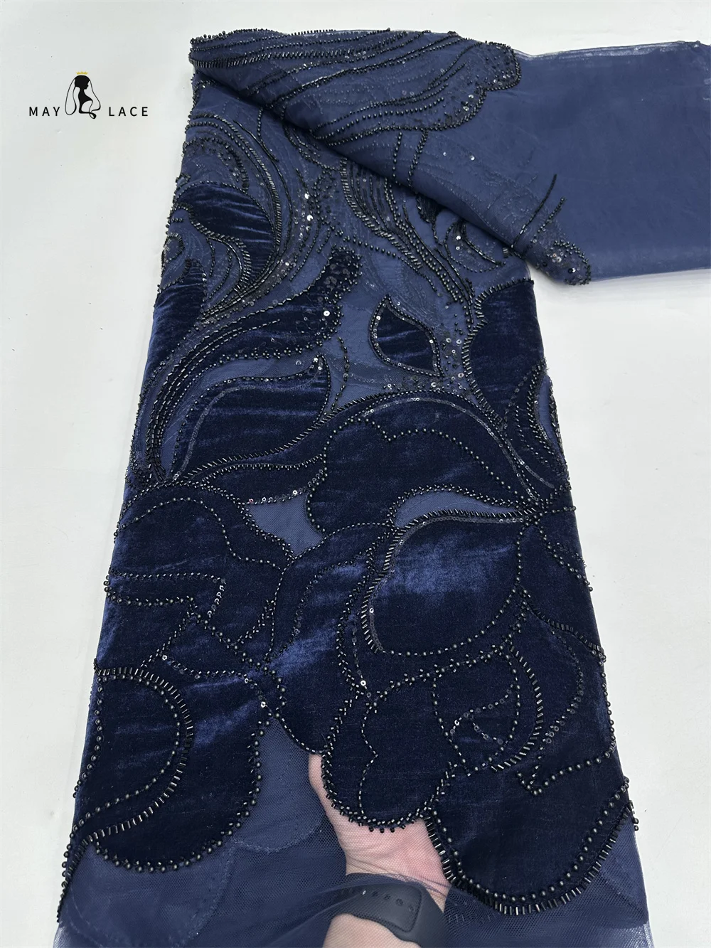 

African Nigeria 2025 High-Quality Velvet Beaded Sequins French Tulle Lace Fabric Dress Nigerian 5 Yards For Wedding Party Women