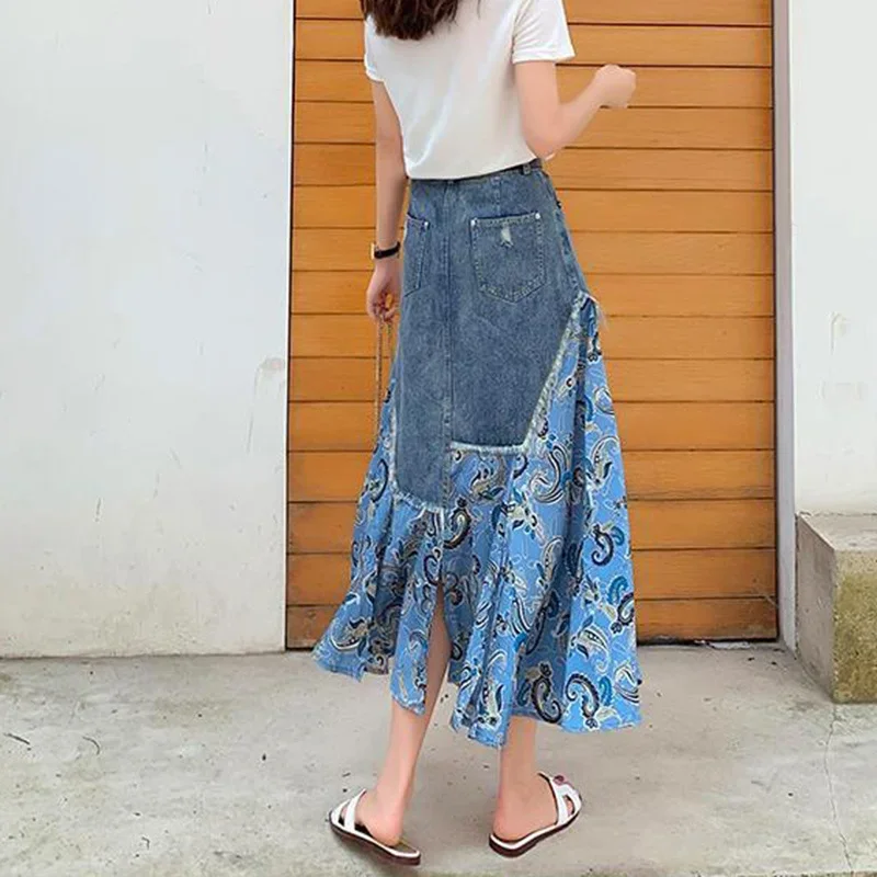 ฤดูร้อนสูงเอวกระโปรงยาวผู้หญิงVINTAGEไม่สม่ําเสมอPatchwork DENIMกระโปรงหญิงStreetwear A-Line Midiกระโปรง